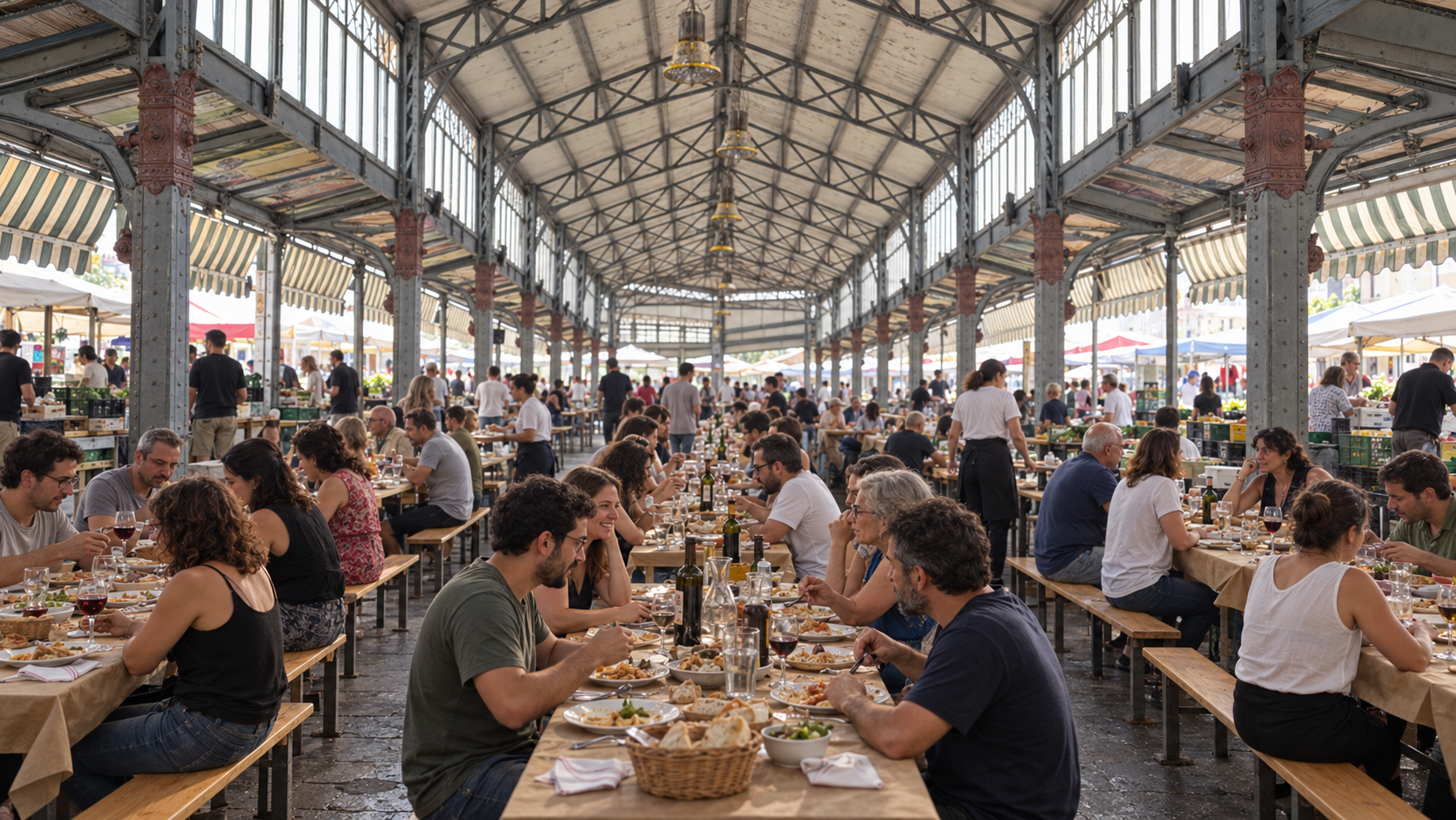 La tettoia dell'ex Mercato Ittico piena di gente a tavola